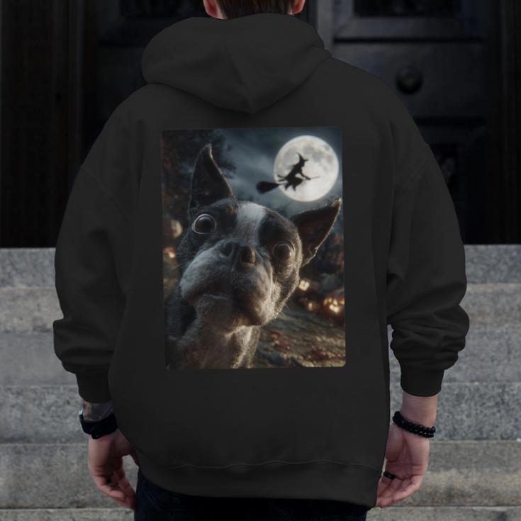 Boston Terrier Selfie Full Moon Flying Witch Halloween Dog Men Zip Up Hoodie Back Print, Boston Terrier Halloween Gifts, funny design