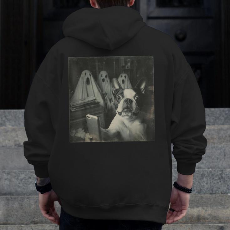 Boston Terrier Selfie With Ghosts Halloween Dog Lover Men Zip Up Hoodie Back Print, Boston Terrier Halloween Gifts, funny design