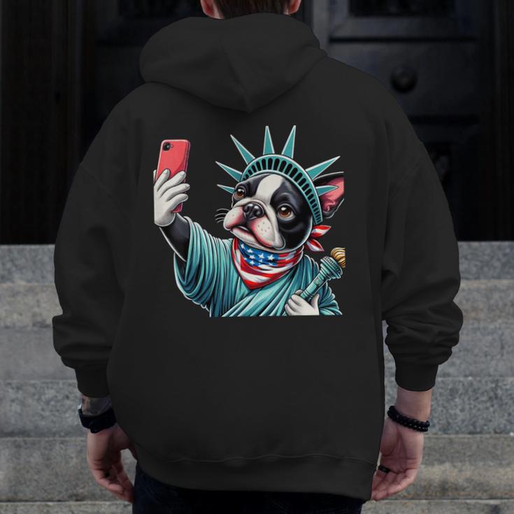 Boston Terrier Selfie Statue Of Liberty 4th Of July American Men Zip Up Hoodie Back Print, American Boston Terrier Gifts, Boston Terrier 4th Of July Gifts, funny design