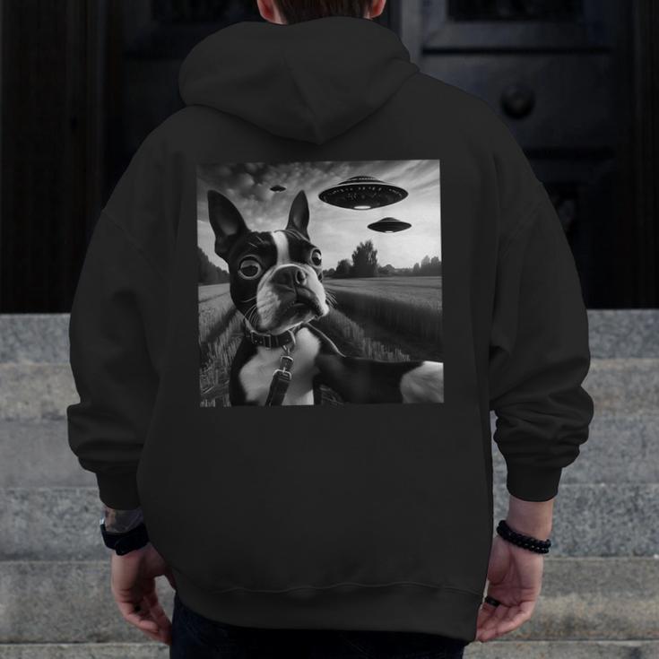 Boston Terrier Graphic Selfie With UFOs Weird Aliens Men Zip Up Hoodie Back Print, funny design