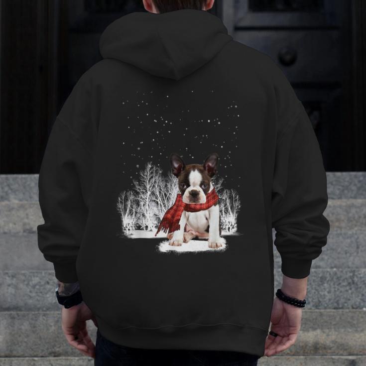 Boston Terrier In The Snow Merry Christmas Winter Men Zip Up Hoodie Back Print, Boston Terrier Christmas Gifts, funny design