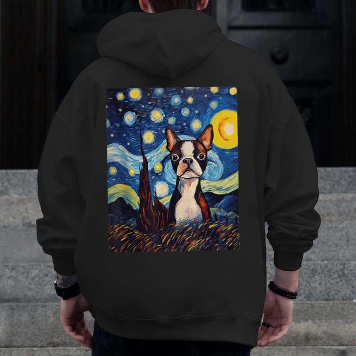 Boston Terrier Starry Night Van Gogh Art Men Zip Up Hoodie Back Print, funny design