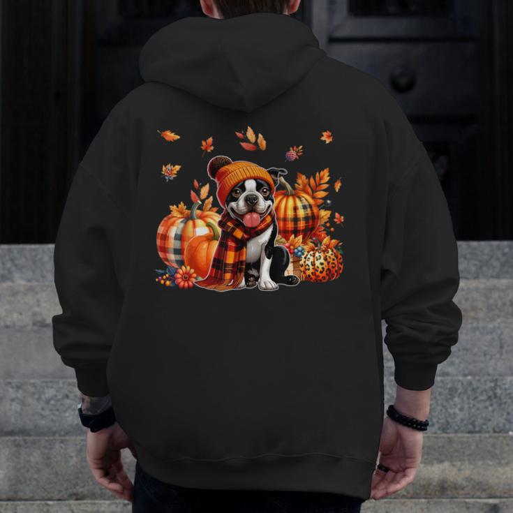 Boston Terrier Thanksgiving Leopard Pumpkins Fall Leaves Men Zip Up Hoodie Back Print, Boston Terrier Thanksgiving Gifts, funny design