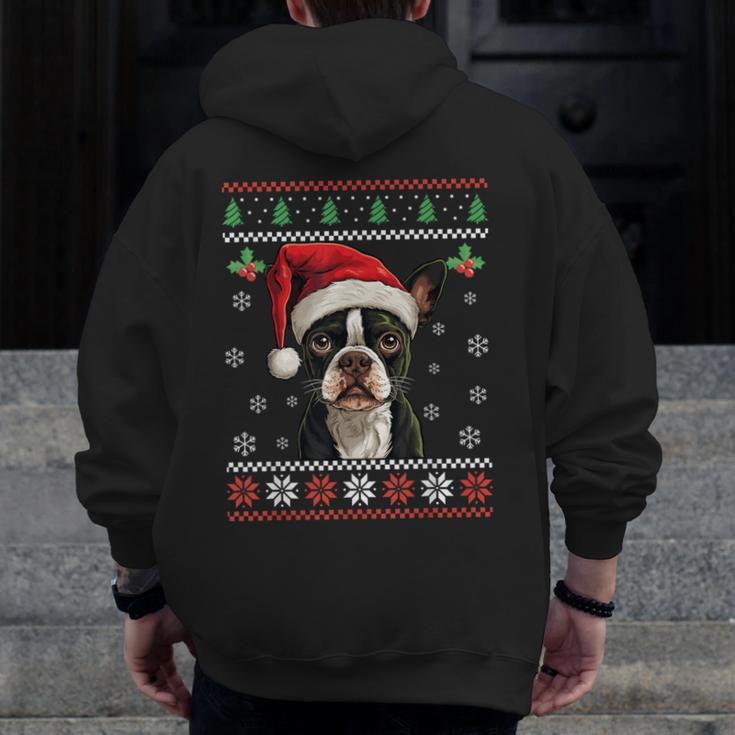 Boston Terrier Ugly Christmas Sweater Xmas For Adults Kids Men Zip Up Hoodie Back Print, Boston Terrier Christmas Gifts, funny design
