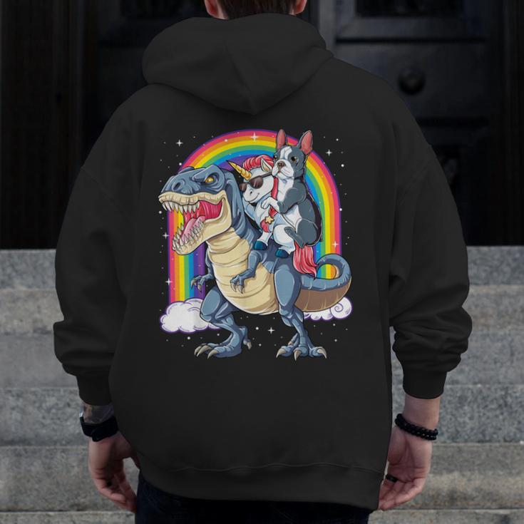 Boston Terrier Unicorn Riding Dinosaur T-Rex Girls Rainbow Men Zip Up Hoodie Back Print, Boston Terrier Riding Gifts, funny design