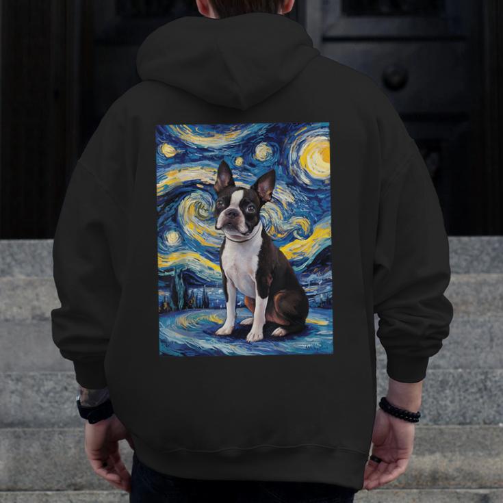 Boston Terrier Van Gogh Starry Night Men Zip Up Hoodie Back Print, funny design
