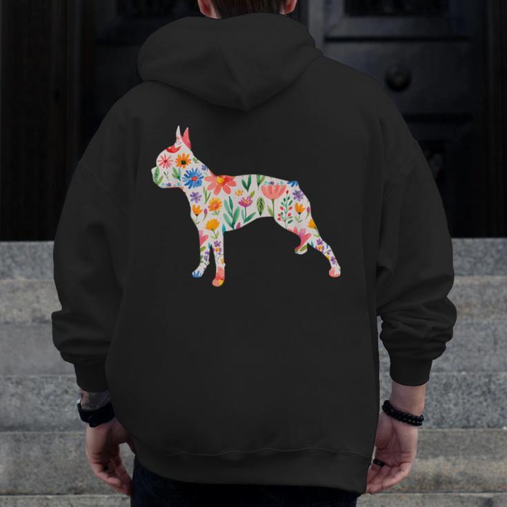 Boston Terrier Watercolor Flowers Men Zip Up Hoodie Back Print, funny design
