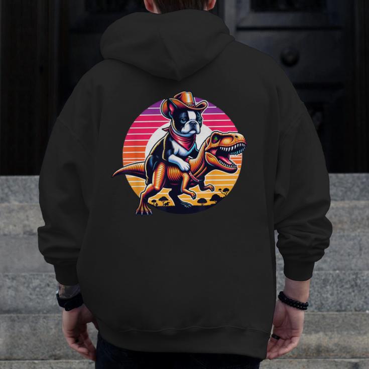 Boston Terrier Wearing A Cowboy Hat On T-Rex Men Zip Up Hoodie Back Print, funny design