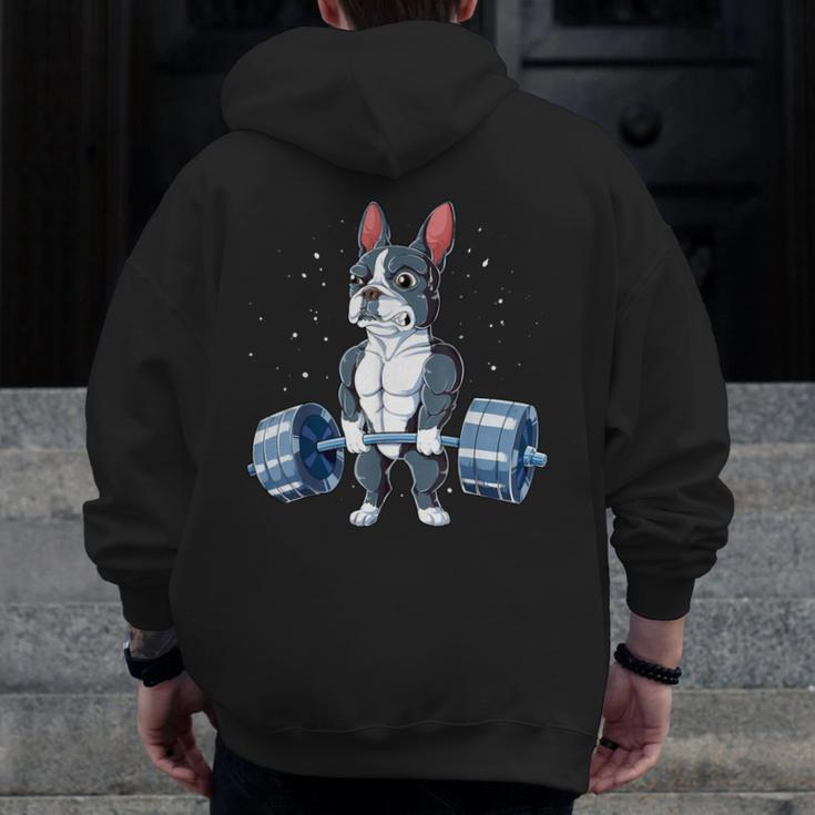 Boston Terrier Weightlifting Deadlift Men Fitness Gym Men Zip Up Hoodie Back Print, Boston Terrier Gym Gifts, funny design