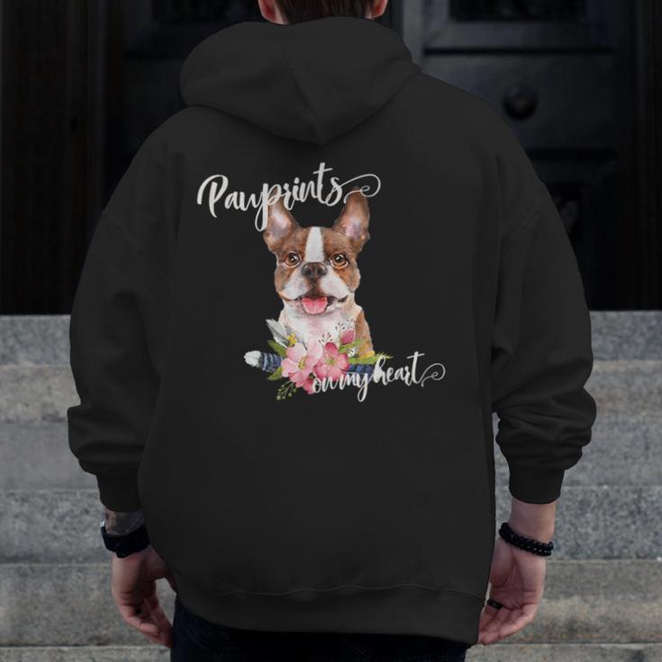 Brown Boston Terrier With Flowers And Feathers Men Zip Up Hoodie Back Print, funny design