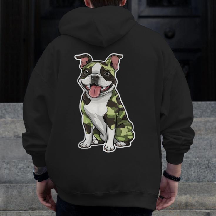 Camo Boston Terrier Pet Owner Camouflage Dog Lover Men Zip Up Hoodie Back Print, funny design
