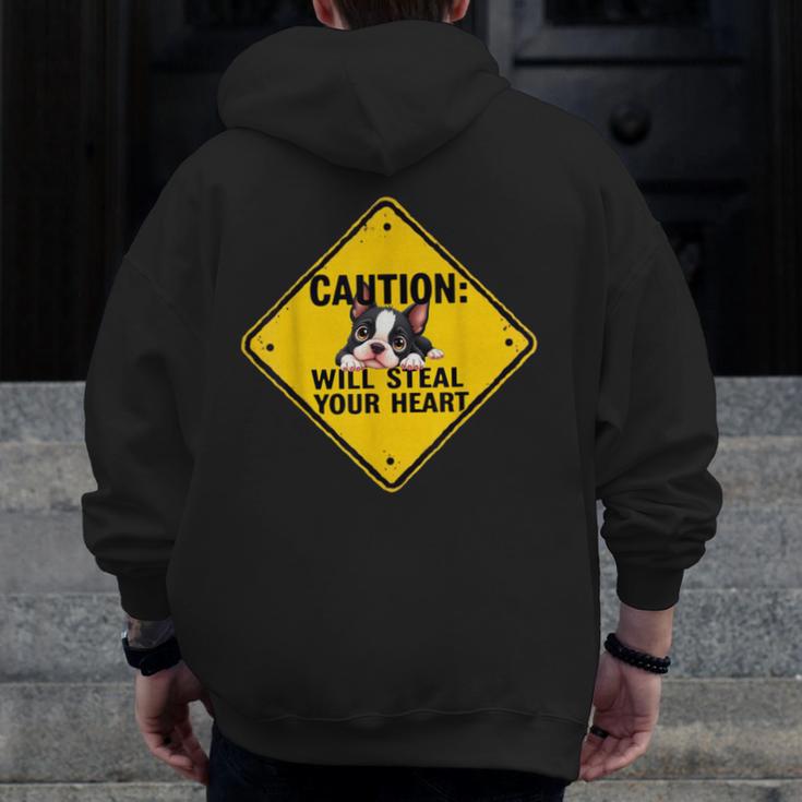 Caution Sign Boston Terrier Dog Bostie Puppy Men Zip Up Hoodie Back Print, funny design