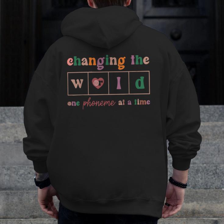 Changing The World One Phoneme At a Time Phonics Teacher Men Women Girls Kids Men Zip Up Hoodie Back Print, funny design