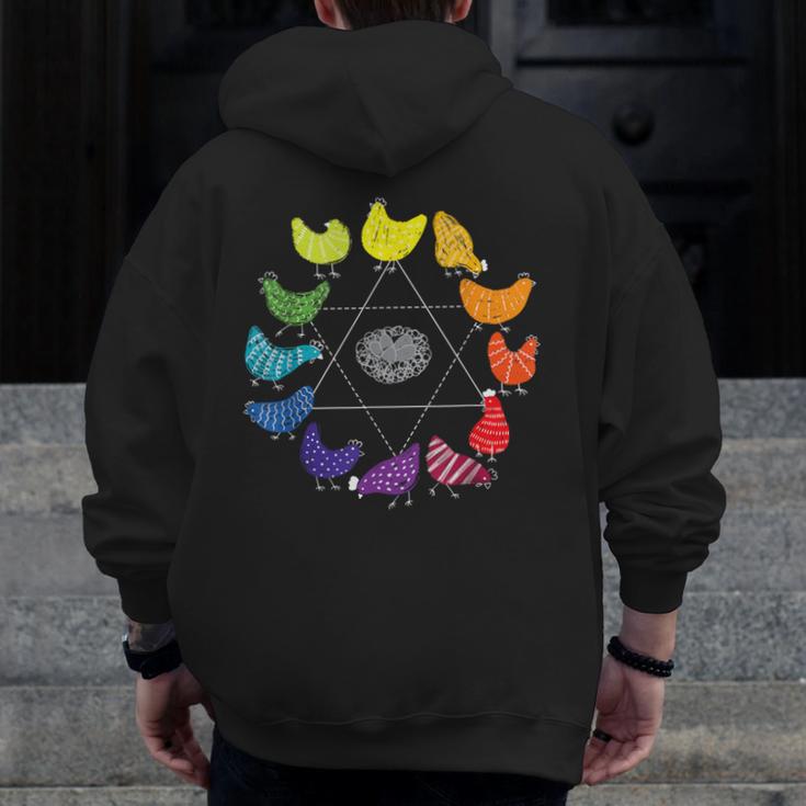 Chicken Themed Color Wheel Educational Art Teacher Artist Men Women Girls Kids Men Zip Up Hoodie Back Print, funny design