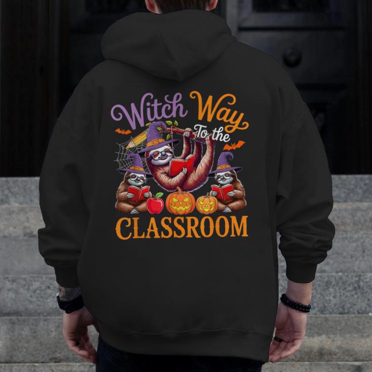 Way To Classroom Halloween Witch Three Cute Sloths Teacher Men Zip Up Hoodie Back Print, funny design
