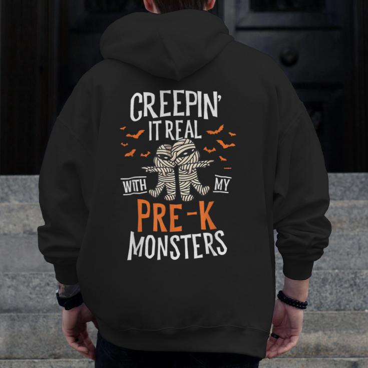 Creepin It Real Pre-K Monsters Halloween Preschool Teacher Men Zip Up Hoodie Back Print, funny design Creepin It Real Pre-K Monsters Halloween Preschool Teacher Men Zip Up Hoodie Back Print, funny design
