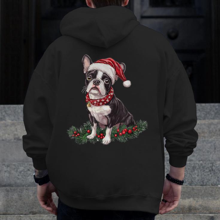 Cute Boston Terrier Dog Christmas Merry X-Mas Graphic Men Zip Up Hoodie Back Print, Boston Terrier Christmas Gifts, funny design