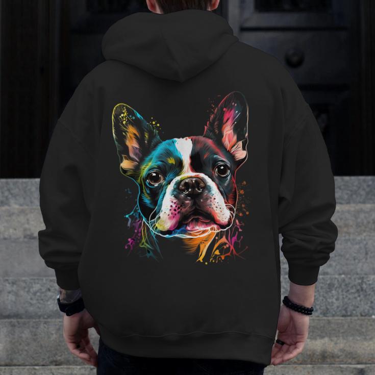 Cute Boston Terrier Puppy Dog Art Lover Unique Painting For Men Women Kids Men Zip Up Hoodie Back Print, funny design