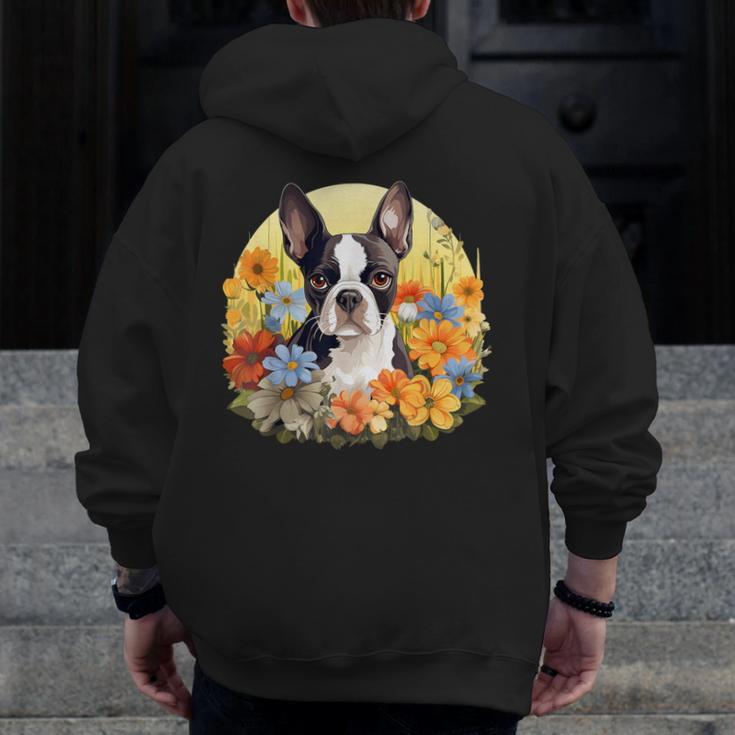 Cute Boston Terrier Spring Flower Garden Colorful Puppy Dog Men Zip Up Hoodie Back Print, funny design