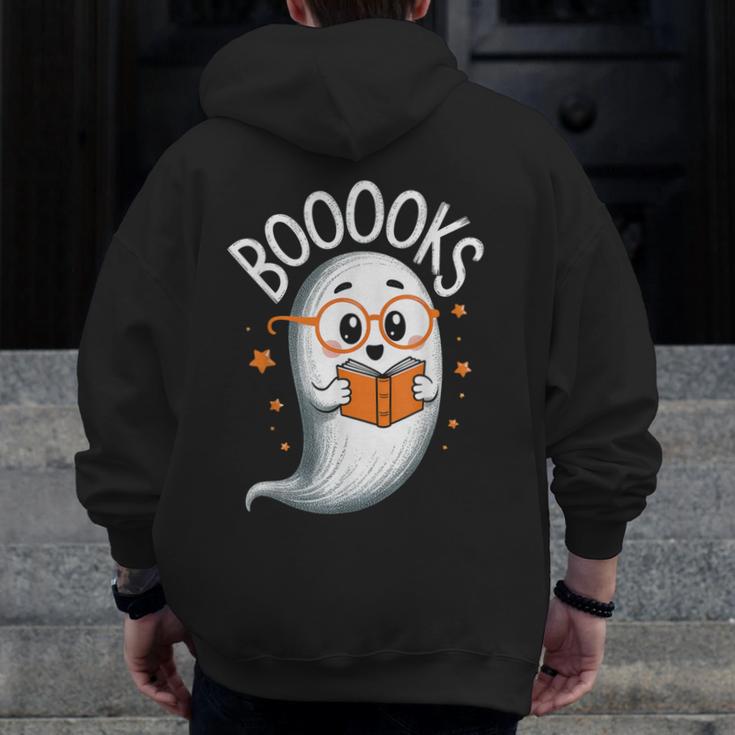 Cute Ghost Book Reading Halloween Teacher Men Zip Up Hoodie Back Print, funny design