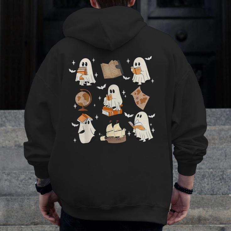 Cute Ghosts Reading Book Bookworm Halloween History Teacher Men Zip Up Hoodie Back Print, History Teacher Gifts, funny design