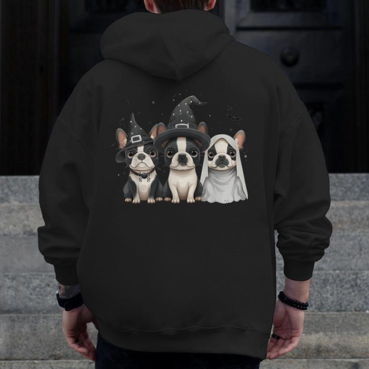 Cute Halloween Boston Terrier Dogs Witch Hat Ghost Dog For Men Women Kids Men Zip Up Hoodie Back Print, Boston Terrier Ghost Gifts, Boston Terrier Halloween Gifts, funny design