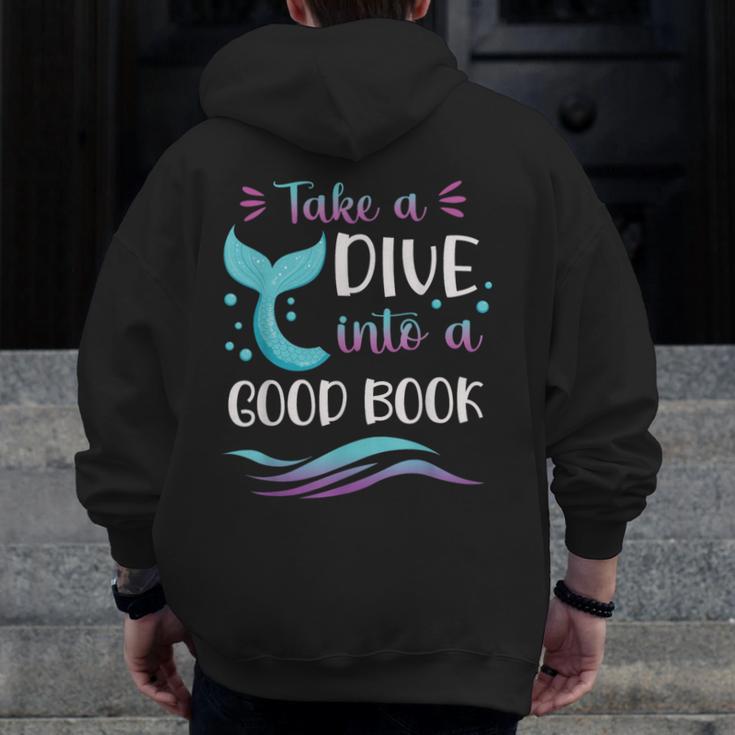 Cute Mermaid Librarian Teacher Dive Into A Good Book Reading Men Zip Up Hoodie Back Print, funny design Cute Mermaid Librarian Teacher Dive Into A Good Book Reading Men Zip Up Hoodie Back Print, funny design