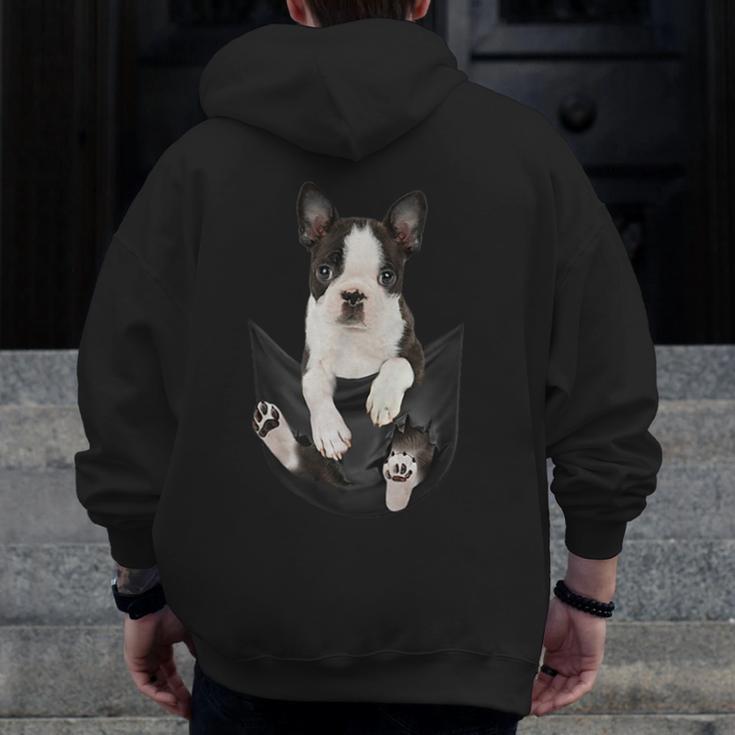 Dog Lovers Boston Terrier In Pocket Dog Face For Men Women Kids Men Zip Up Hoodie Back Print, funny design