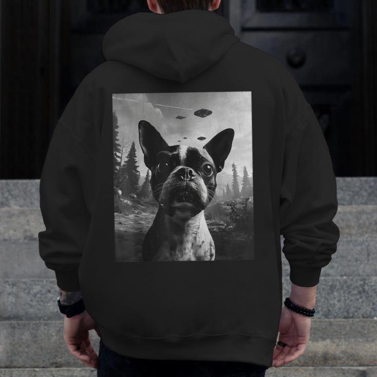 Dog Mom Dad Alien Selfie Boston Terrier UFO For Men Women Men Zip Up Hoodie Back Print, Couple Gifts, Mom Gifts, Boston Terrier Dad Gifts, Boston Terrier Mom Gifts, funny design