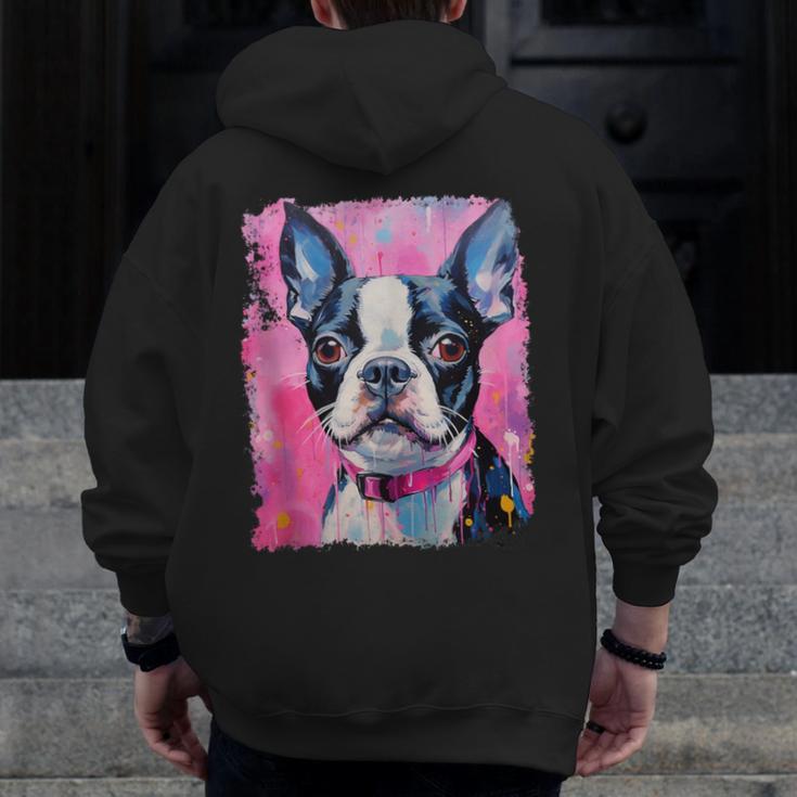 Dog Pink Boston Terrier Men Zip Up Hoodie Back Print, funny design