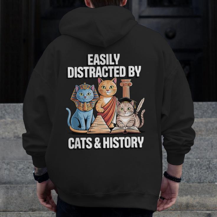 Easily Distracted By Cats & History Teacher Women Men Men Zip Up Hoodie Back Print, History Teacher Gifts, funny design