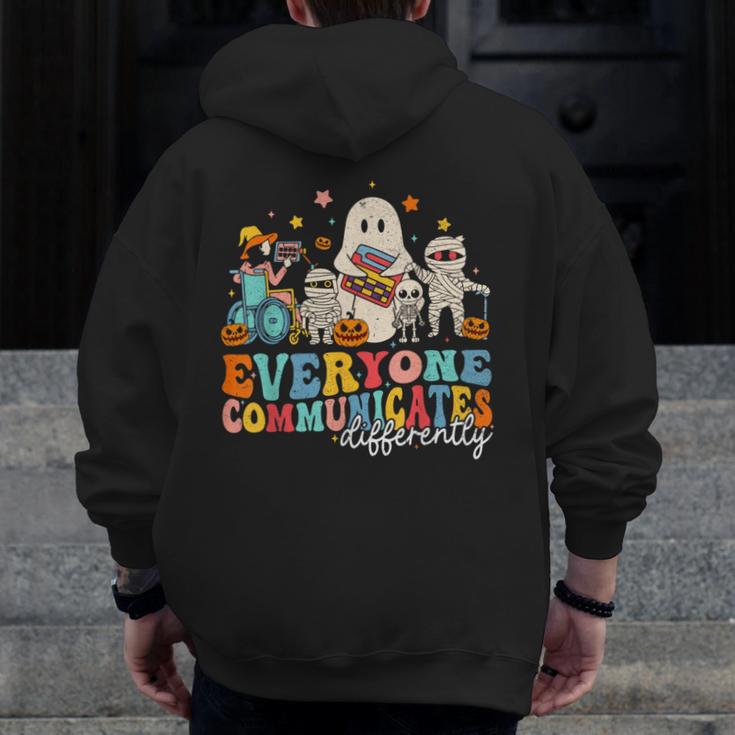 Everyone Communicates Differently Halloween SLP Sped Teacher Men Zip Up Hoodie Back Print, funny design