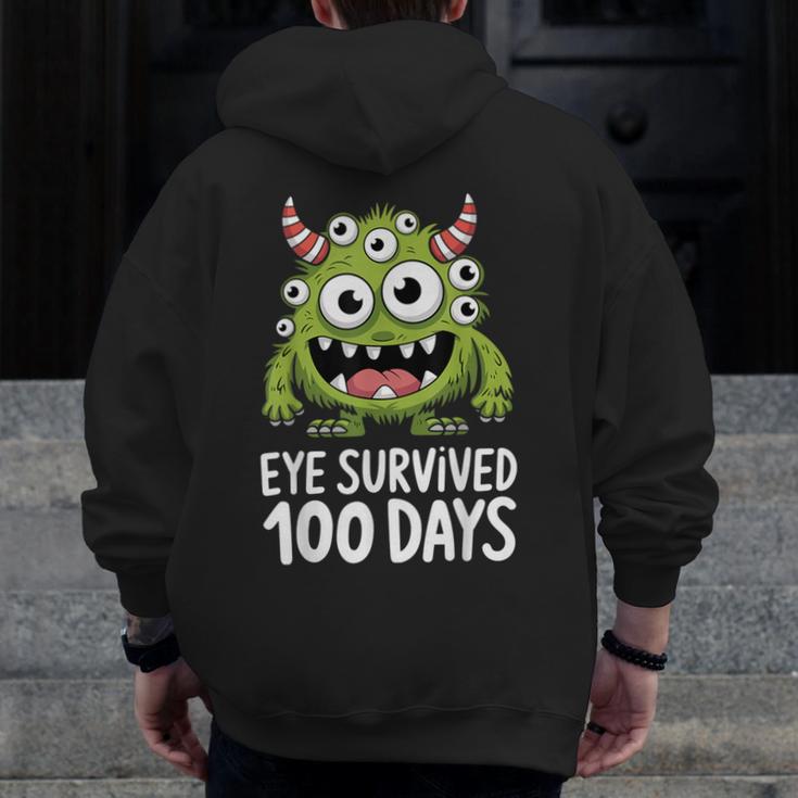 Eye Survived 100 Days Of School Monster Lover Teacher Kids Men Zip Up Hoodie Back Print, funny design
