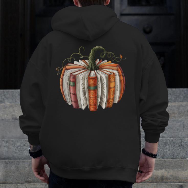Fall Book Pumpkin Retro Reading Halloween Teacher Librarian Men Zip Up Hoodie Back Print, funny design