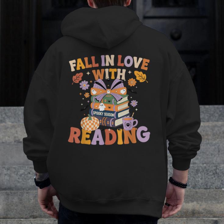 Fall In Love With Reading Halloween Stack Of Book Teacher Men Zip Up Hoodie Back Print, funny design