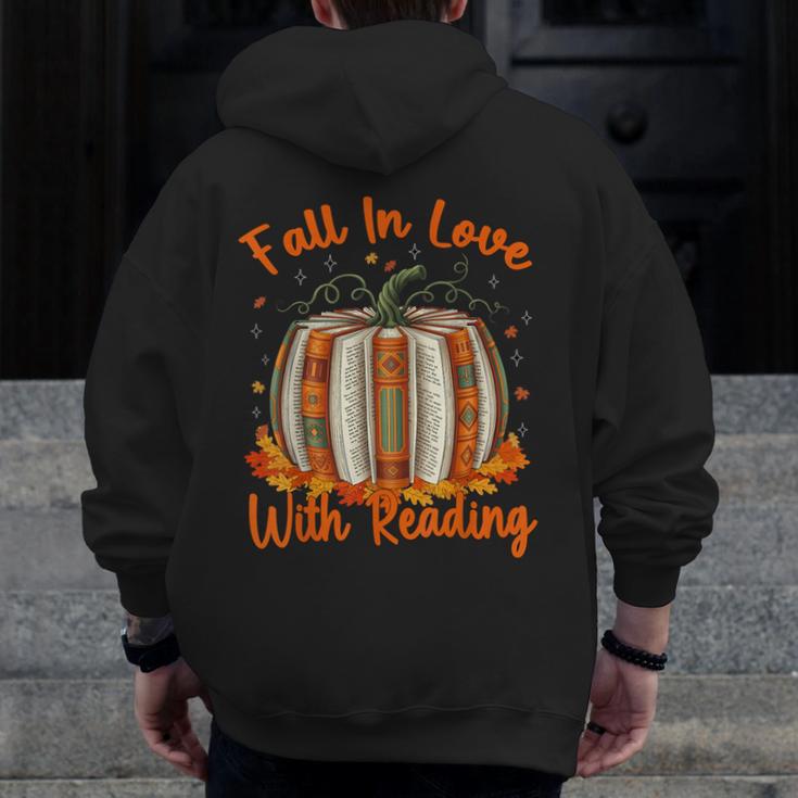 Fall In Love With Reading Pumpkin Autumn Librarians Teacher Men Zip Up Hoodie Back Print, funny design