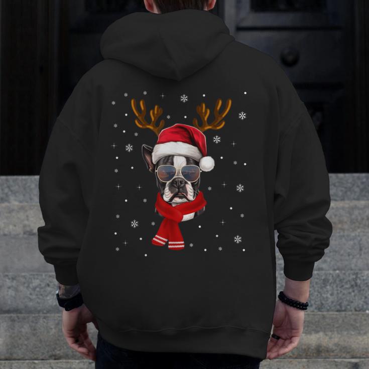 Family Matching Reindeer Xmas Boston Terrier Christmas Men Zip Up Hoodie Back Print, Boston Terrier Christmas Gifts, funny design