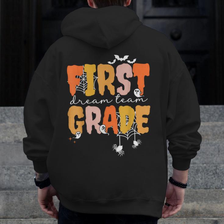First Grade Dream Retro Team Fall Halloween Spooky Teachers Men Zip Up Hoodie Back Print, First Grade Teacher Gifts, funny design First Grade Dream Retro Team Fall Halloween Spooky Teachers Men Zip Up Hoodie Back Print, First Grade Teacher Gifts, funny design