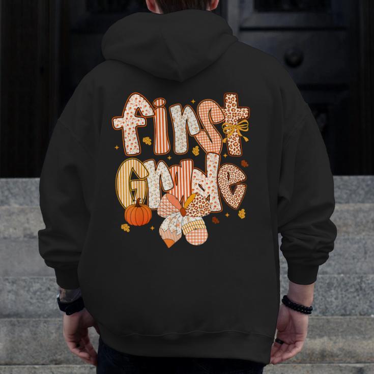 First Grade Fall Floral Coquette Bow Teachers Students Men Zip Up Hoodie Back Print, First Grade Teacher Gifts, funny design First Grade Fall Floral Coquette Bow Teachers Students Men Zip Up Hoodie Back Print, First Grade Teacher Gifts, funny design