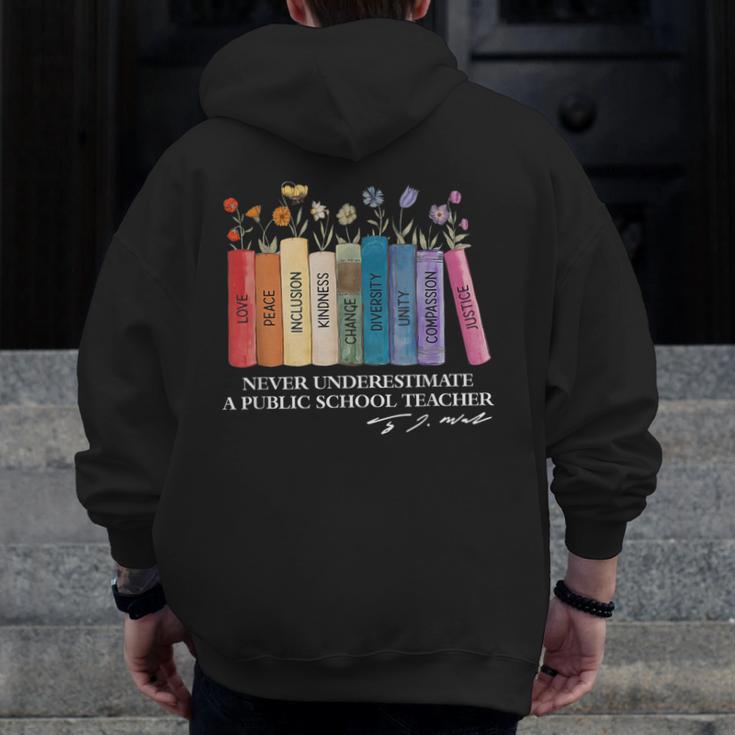 Floral Books Never Underestimate A Public School Teacher Men Zip Up Hoodie Back Print, funny design