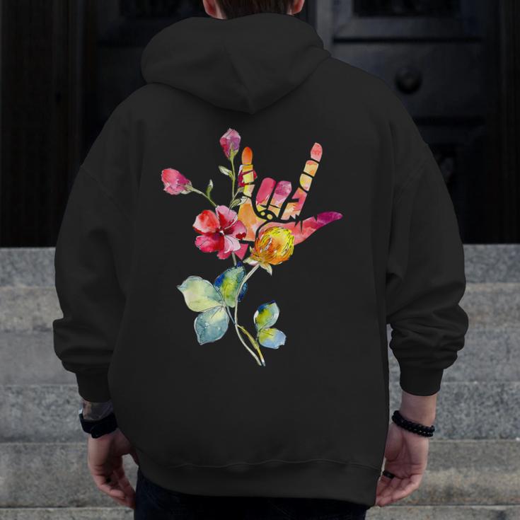 Flower American Sign Language ASL Teacher Teaching Deaf Men Zip Up Hoodie Back Print, funny design