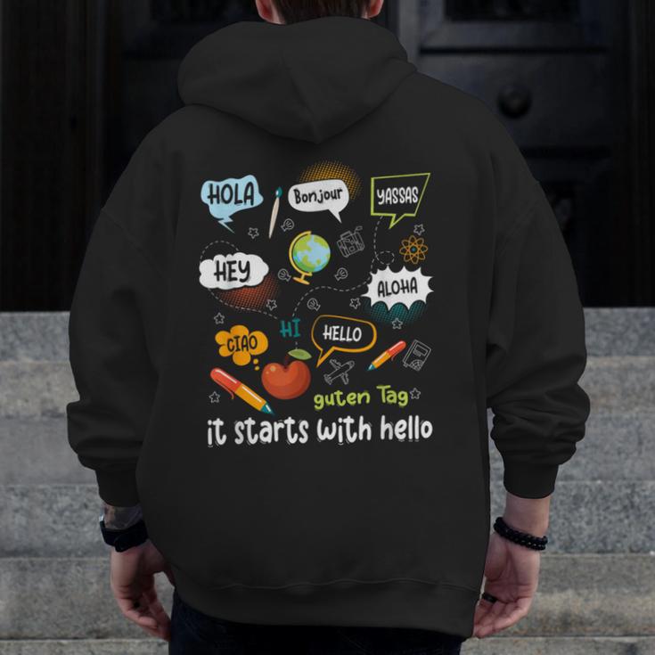 Friendship Inclusion Language Teacher It Starts With Hello Men Zip Up Hoodie Back Print, funny design Friendship Inclusion Language Teacher It Starts With Hello Men Zip Up Hoodie Back Print, funny design