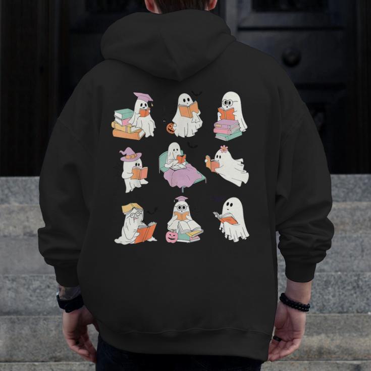 Ghost Book Reading Halloween Books Lover Teacher Kids Men Zip Up Hoodie Back Print, funny design Ghost Book Reading Halloween Books Lover Teacher Kids Men Zip Up Hoodie Back Print, funny design