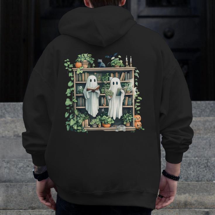 Ghost Plant Library Halloween Reading Books Teacher Vintage Men Zip Up Hoodie Back Print, funny design