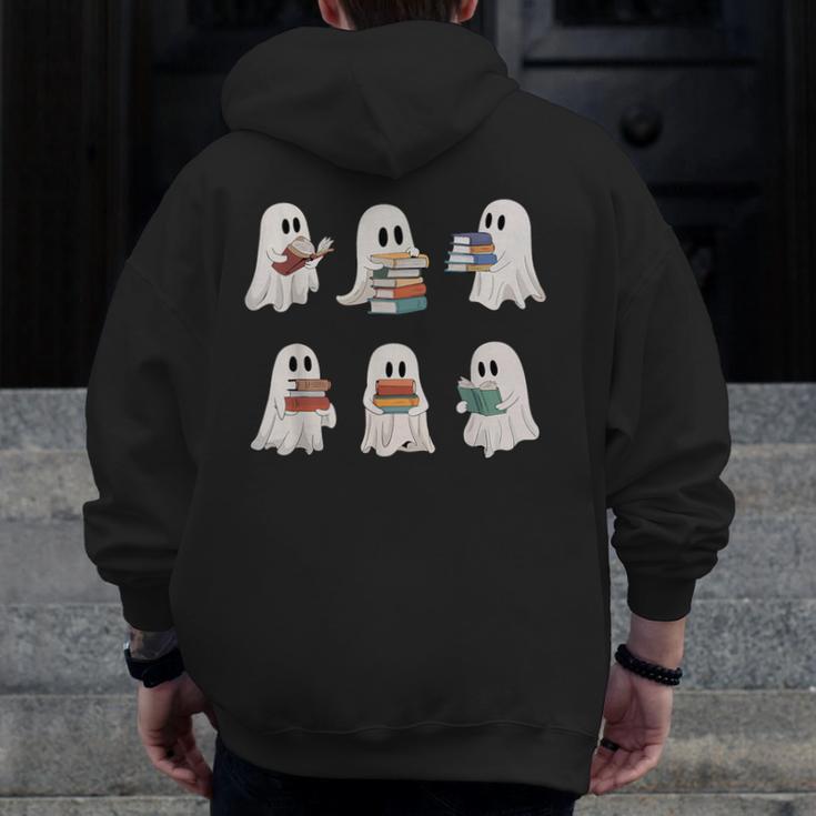 Ghost Reading Books Teacher Halloween Librarian Cute Boook Men Zip Up Hoodie Back Print, funny design