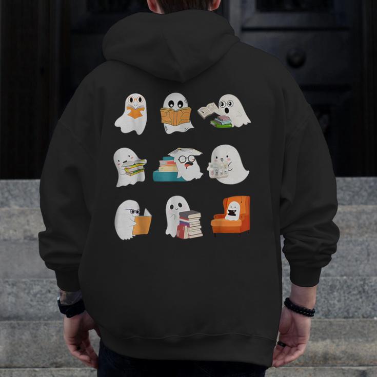 Ghost Reading Teacher Halloween Librarian Book Lover School Men Zip Up Hoodie Back Print, funny design