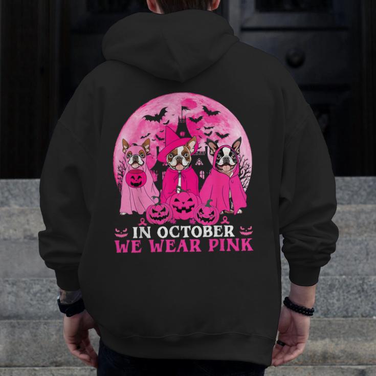 Ghost And Witch Boston Terrier Dog In October We Wear Pink Men Zip Up Hoodie Back Print, Boston Terrier Ghost Gifts, funny design