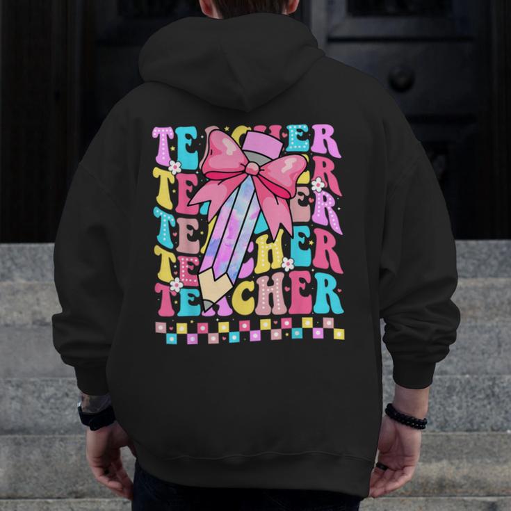 Groovy Teacher Cute Coquette Bow Flower Retro Back To School Men Zip Up Hoodie Back Print, Groovy Teacher Gifts, funny design