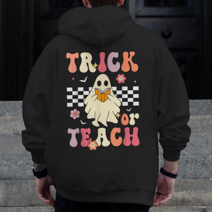 Groovy Teacher Halloween Retro Trick Or Teach Floral Ghost Men Zip Up Hoodie Back Print, Groovy Teacher Gifts, funny design
