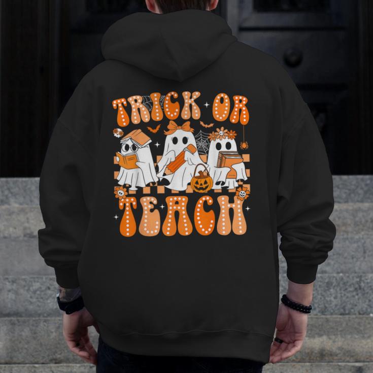 Groovy Teacher Halloween Trick Or Teach Ghost Men Women Kids Men Zip Up Hoodie Back Print, Groovy Teacher Gifts, funny design
